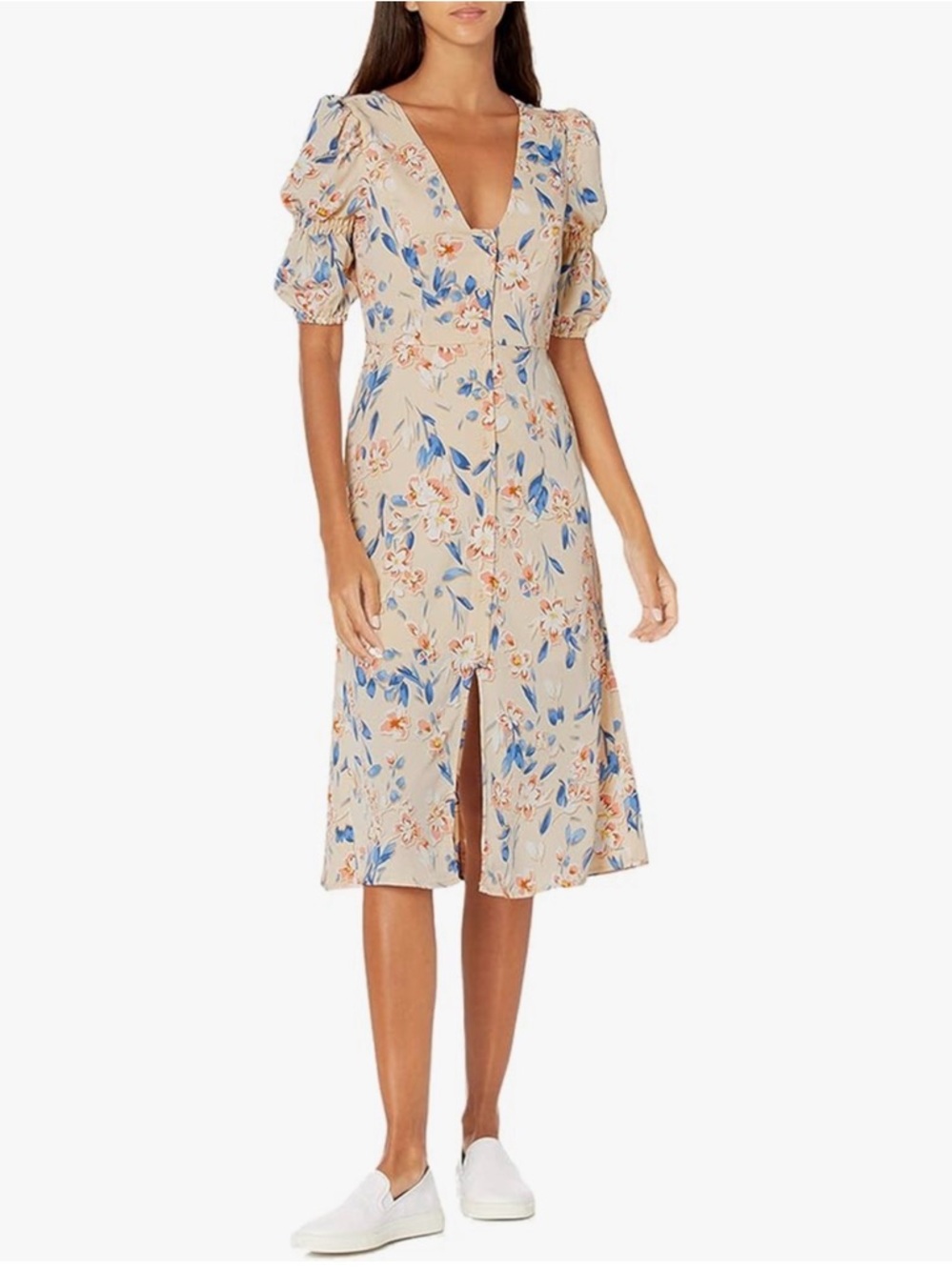 BCBG Spring Floral Smock Midi Dress V Neck Buttons Floral Print Chic Womens Sz 4 - Picture 1 of 11